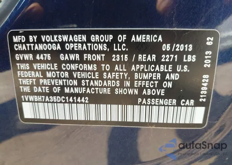2013 Volkswagen Passat 2.5L Se from USA, damaged, VIN 1VWBH7A35DC141442